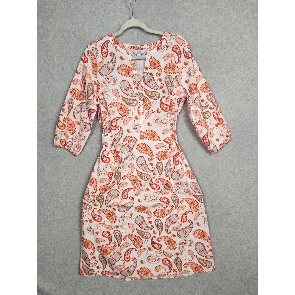 Paisley Shirt Dress Meduim Boho Fit & Flare Elastic Waist Tie 3/4 Sleeve‎ Pocket